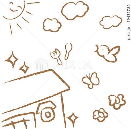 子ども クレヨン 落書き風 背景 家 雲 太陽 鳥 花のイラスト素材