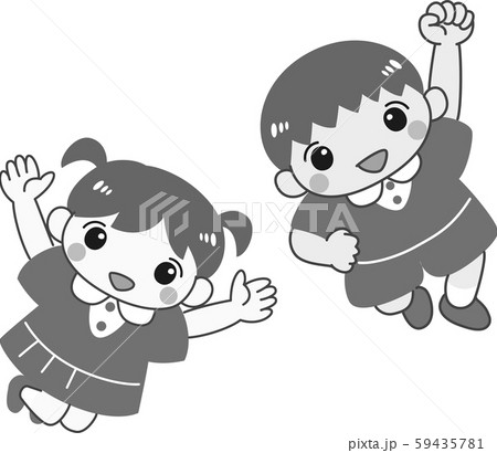 男の子 女の子 子ども ジャンプ 白黒 元気 幼稚園児 保育園児 制服 のイラスト素材