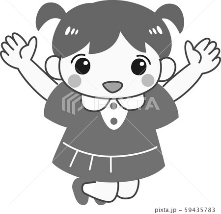 女の子 子ども ジャンプ 白黒 元気 幼稚園児 保育園児 制服 のイラスト素材