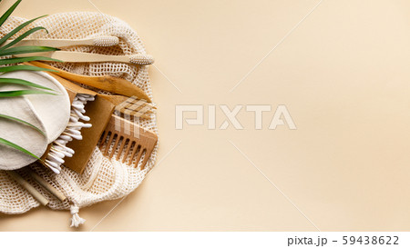 Set of eco friendly toiletries and bathroom products on color background, flat lay 59438622