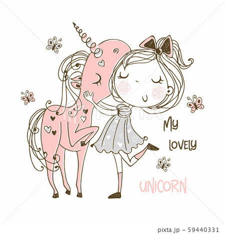 Sweet girl with a magical unicorn. Vector Sweet girl with a magical unicorn. Vector 59440331