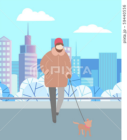 Man Walking Dog on Leash in Winter City Park 59440556