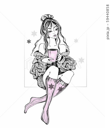 A girl in a sweater and knitted socks with a mug of hot tea. Soulful winter evenings. Inscription 59440858