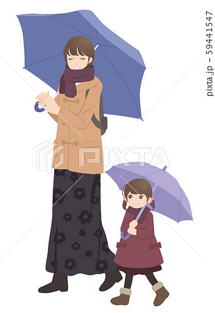 冬 傘をさして散歩する親子のイラスト素材