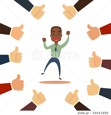 Happy and proud businessman with many thumbs up hands around him. 59441899