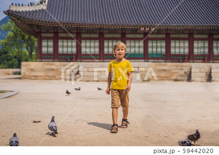 Boy tourist in Korea. Gyeongbokgung Palace grounds in Seoul, South Korea. Travel to Korea concept 59442020
