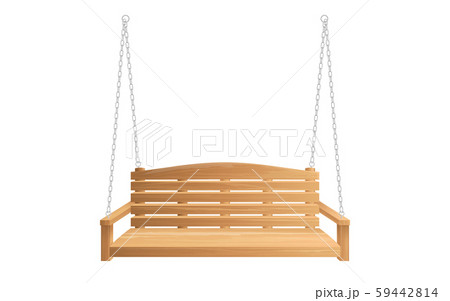 Wooden porch swing bench hanging on chains 59442814