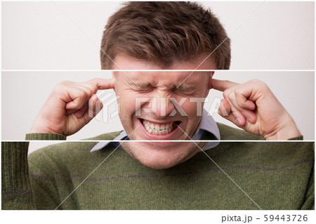 Triptych of stressed young man closing ears Triptych of stressed young man closing ears 59443726
