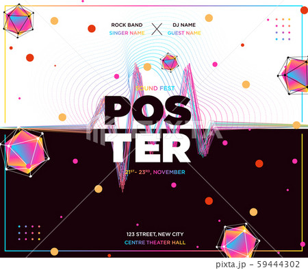 Electronic Music Covers for Night Party or Club Party Flyer. Colorful Waves Gradient Background. Template for DJ Poster, Web Banner, Pop-Up. Geometric template vector design.  59444302