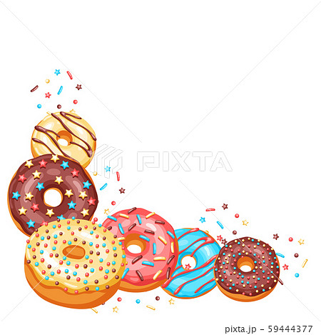 Decoration with glaze donuts and sprinkles. Decoration with glaze donuts and sprinkles. 59444377