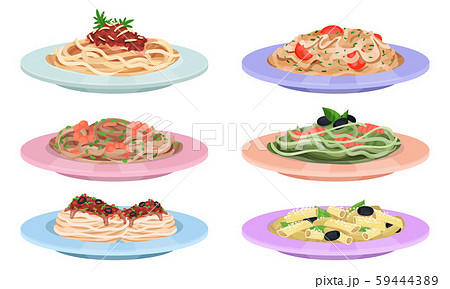 Different Pasta Dishes Served On Flat Plates Vector Set Different Pasta Dishes Served On Flat Plates Vector Set 59444389