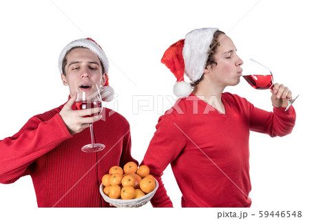 Two funny young men celebrating christmas isolated 59446548