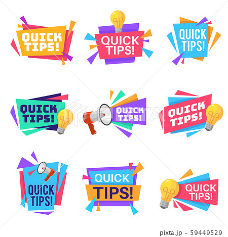 Quick tip. Helpful tricks and advice blog post badges with idea light bulb and megaphone symbols on Quick tip. Helpful tricks and advice blog post badges with idea light bulb and megaphone symbols on 59449529