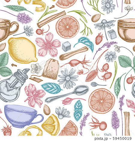 Seamless pattern with hand drawn pastel cinnamon, lemons, oranges, tea bag, sugar cubes, heather 59450019