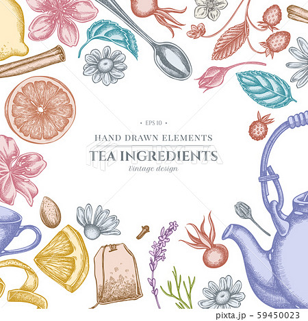 Design with pastel cinnamon, lemons, oranges, tea bag, sugar cubes, heather, chamomile, dog rose 59450023