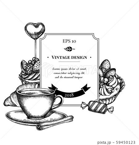 Badge design with black and white cinnamon, lollipop, candies, croissants and bread, coffee cups 59450123