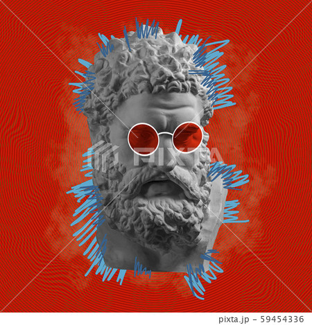 Contemporary art concept collage with antique statue head in a zine culture style. Male beard face 59454336