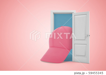 3d rendering of pink baseball cap emerging from white door on pink copys space background. 59455345