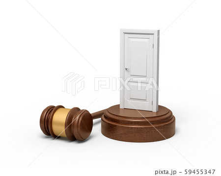 3d rendering of white doorway on round wooden block and brown wooden gavel 3d rendering of white doorway on round wooden block and brown wooden gavel 59455347