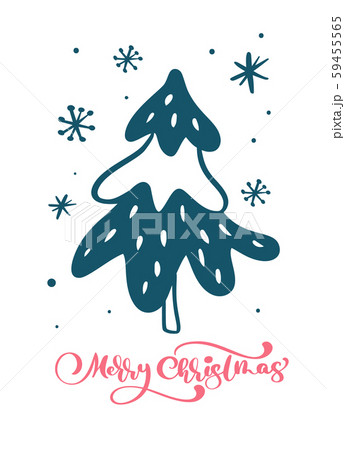 Red Merry Christmas vector scandinavian calligraphic vintage text with Christmas tree and snowflakes 59455565