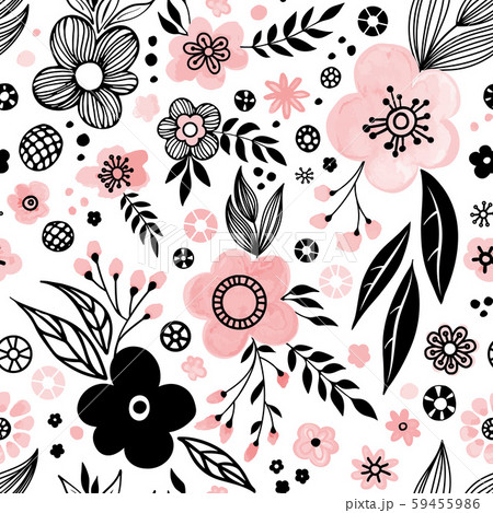 Red and white flower seamless pattern on black background for