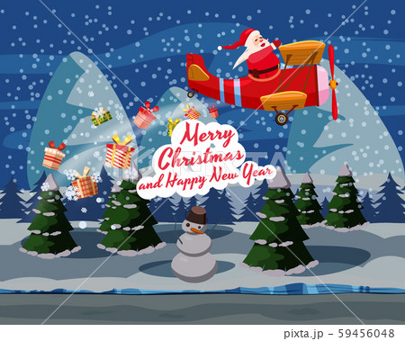 Santa Claus flying on retro airplane delivering gifts in the night sky over the winter landscape Santa Claus flying on retro airplane delivering gifts in the night sky over the winter landscape 59456048