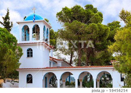 Exterior of the traditional white-blue Greek bell 59456254