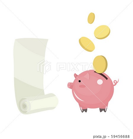 Piggy bank. Coins and money to buy in the store, cash receipt for the purchase. 59456688