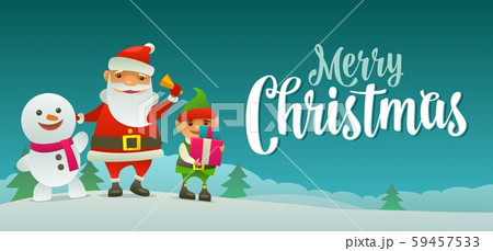 Santa claus, snowman and elf with gift. Flat vector illustration 59457533
