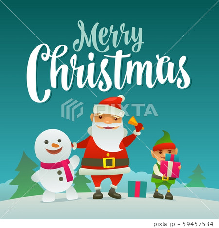Santa claus, snowman and elf with gift. Flat vector illustration 59457534
