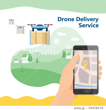 Delivery drone service landing. Hand hold smartphone application for parcel shipment tracking map 59458576