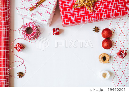 Flatlay with wrapping presents for holidays. 59460205