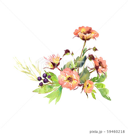 Wedding bridal romanric rustic warm bouquet. Hand drawing watercolor pink and purple and orange 59460218