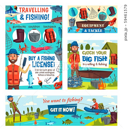 Fishermen with fish, fishing tackle and equipment 59461579