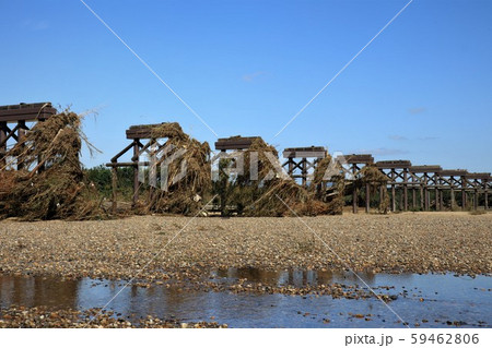 台風19号：流れ橋：木津川：流されてる橋げた 59462806