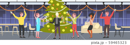 people dancing near christmas tree merry xmas happy new year holiday celebration concept coworkers 59465323