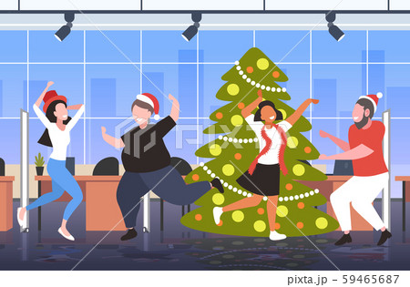 people dancing near christmas tree merry xmas happy new year holiday celebration concept coworkers 59465687
