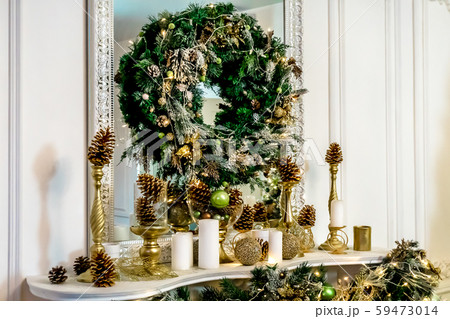 Photo of beautiful New Year toys with green tree Photo of beautiful New Year toys with green tree 59473014