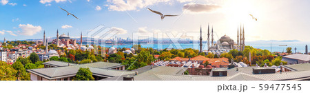 The Blue Mosque, The Hagia Sophia and the Istanbul roofs, beautiful sunny panorama The Blue Mosque, The Hagia Sophia and the Istanbul roofs, beautiful sunny panorama 59477545