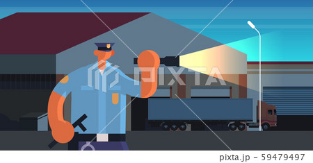 police officer using flashlight policeman in uniform security authority justice law service concept 59479497