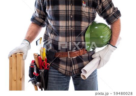 Carpenter with work tools on a white background. 59480028