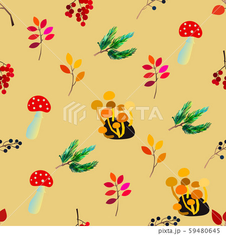 Autumn seamless pattern with berries, acorns, pine cone, mushrooms, branches and leaves. Autumn seamless pattern with berries, acorns, pine cone, mushrooms, branches and leaves. 59480645