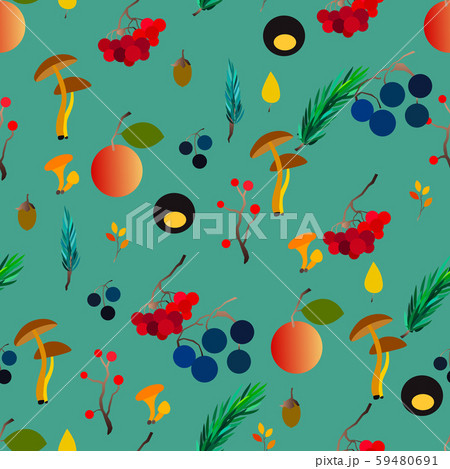 Autumn vector seamless pattern with berries, acorns, pine cone, mushrooms, branches and leaves. 59480691