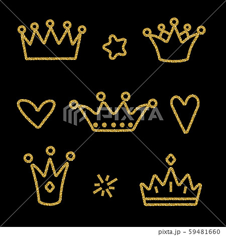 Gold crown set isolated on black background. Glitter set for glamourus design of party invitations 59481660