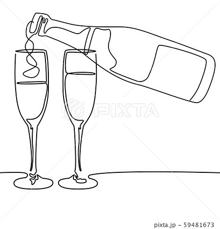 Continuous line drawing. Bottle and glasses of champagne wine. Vector illustration. 59481673