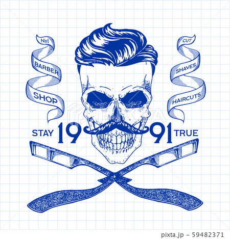 Vintage, hipster skull barbershop logo in old style, vector. Vintage, hipster skull barbershop logo in old style, vector. 59482371