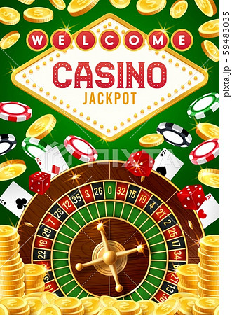 Vector American Roulette Wheel With Las Vegas Sign, Playing Cards