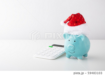 Piggy bank wearing christmas hat with calculator Piggy bank wearing christmas hat with calculator 59483103