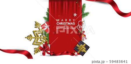 Horizontal Christmas and Happy New Year banner Xmas sparkling lights garland with gifts box greeting cards, headers, website Objects viewed from above. Flat lay, Top view elements for promotion  59483641
