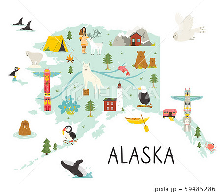 Alaska illustrated map with animals and symbols. 59485286